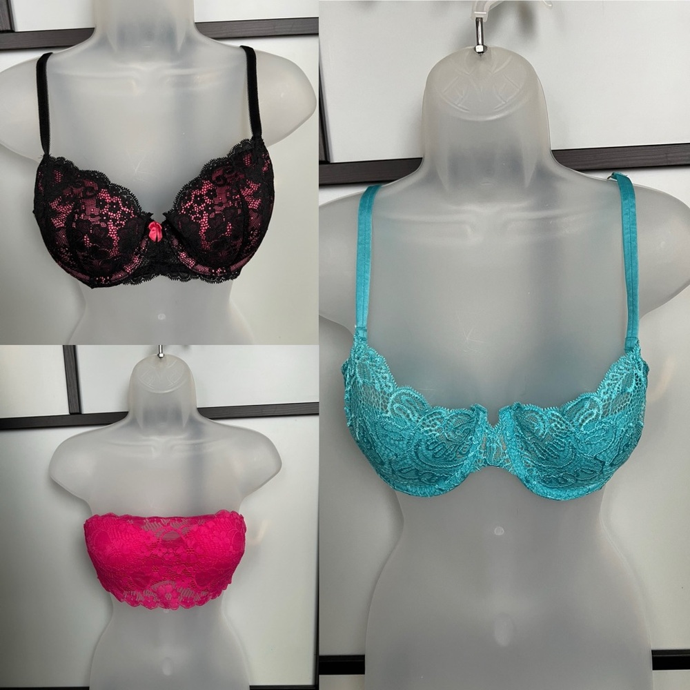 BUNDLE 3X LOT Victoria’s Secret Strapless Wired Bra 34C Lace Sexy Little Things